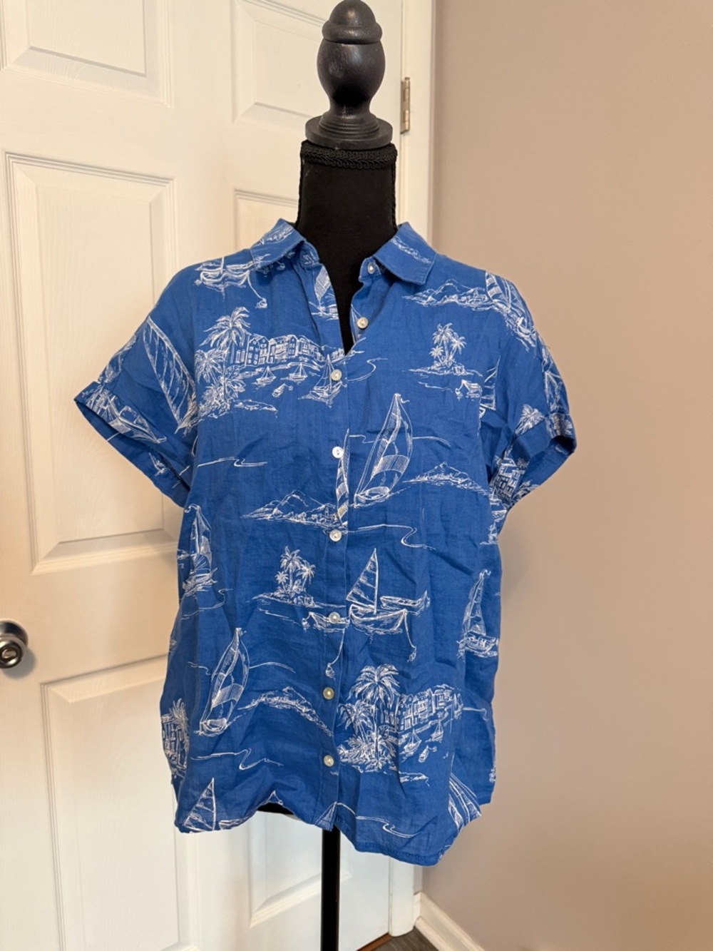 Cynthia Rowley Blue White Sailboat Print Button-Down Shirt